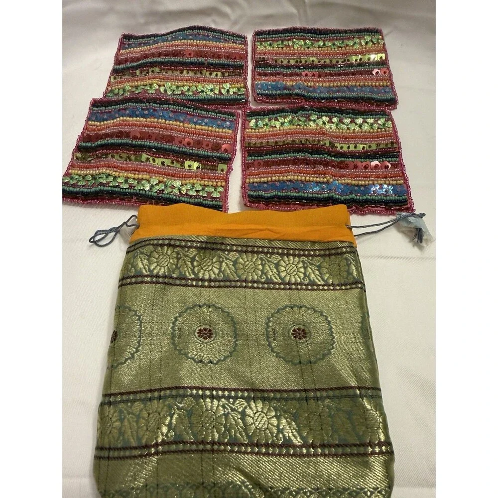 Beautiful Vintage Beaded Multi Colored Square Coasters In A Drawstring Bag.